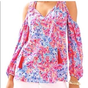 Lilly Pulitzer Multi Color Coco Cora Cold Shoulder Silk Finch Top Size XXS
